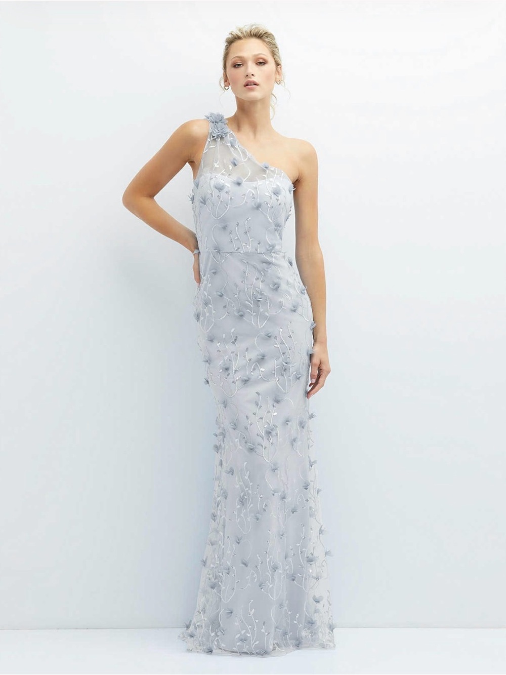 Dessy One-Shoulder Light Blue (silver dove) Floral Embellished Evening Gown